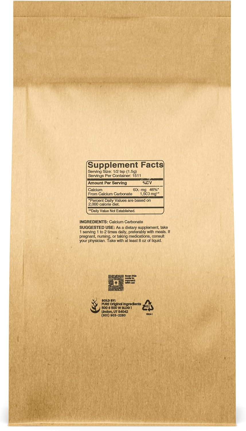 Pure Original Ingredients Calcium Carbonate (2 Lb) Dietary Supplement, Food Preservative, Acid Neutralizer