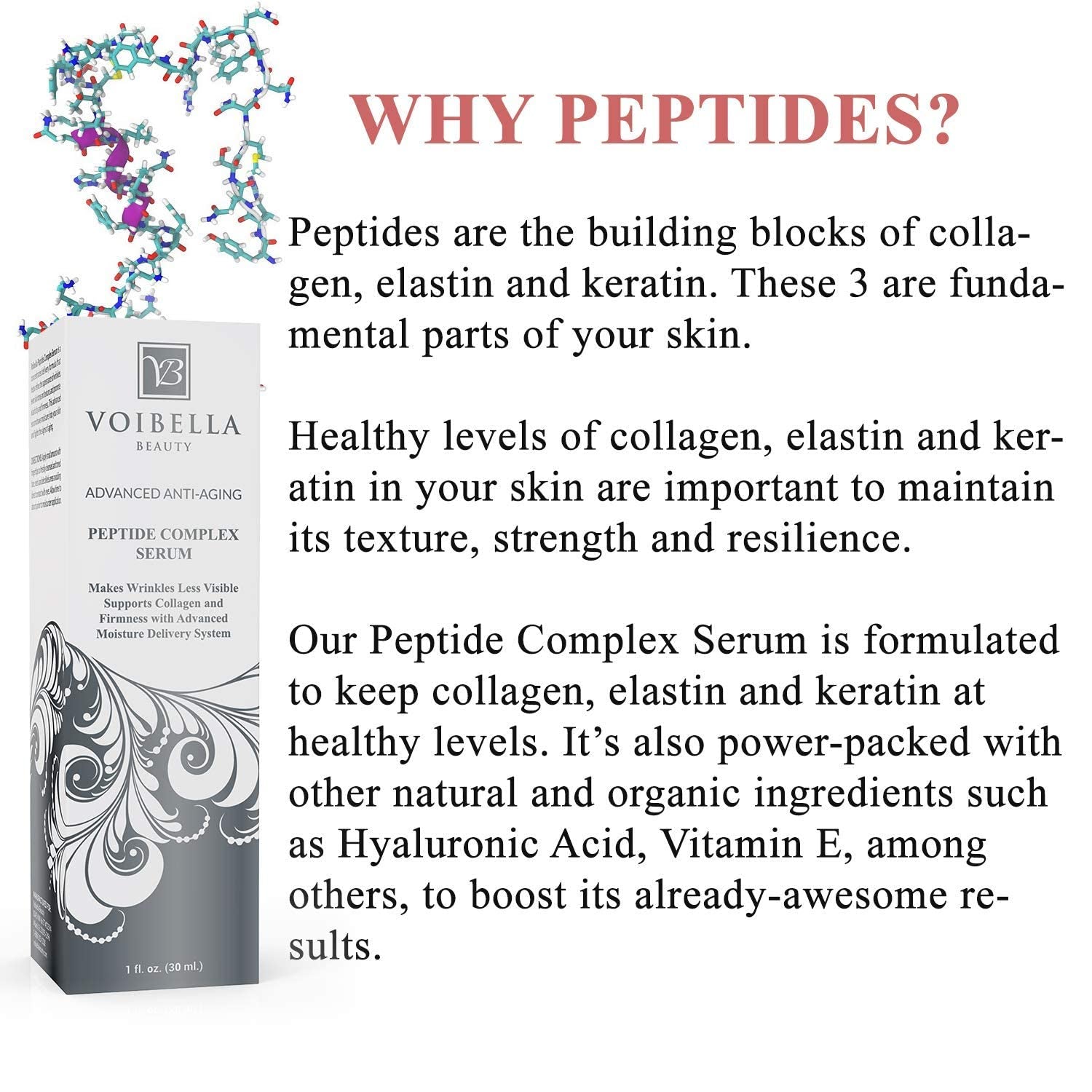 Peptide Complex Serum & Collagen Support for Face - Natural & Organic anti Aging Skin Serum - Peptides, Hyaluronic Acid, Amino Acids & Vitamin E for Wrinkles, Hydrating, Firming & Elasticity 