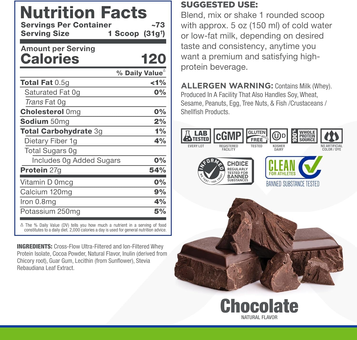 ALLMAX ISONATURAL Whey Protein Isolate, Unflavored - 2 Lb - 27 Grams of Protein per Scoop - Zero Fat & Sugar - 99% Lactose Free - with Prebiotics - No Artificial Flavors - Approx. 31 Servings