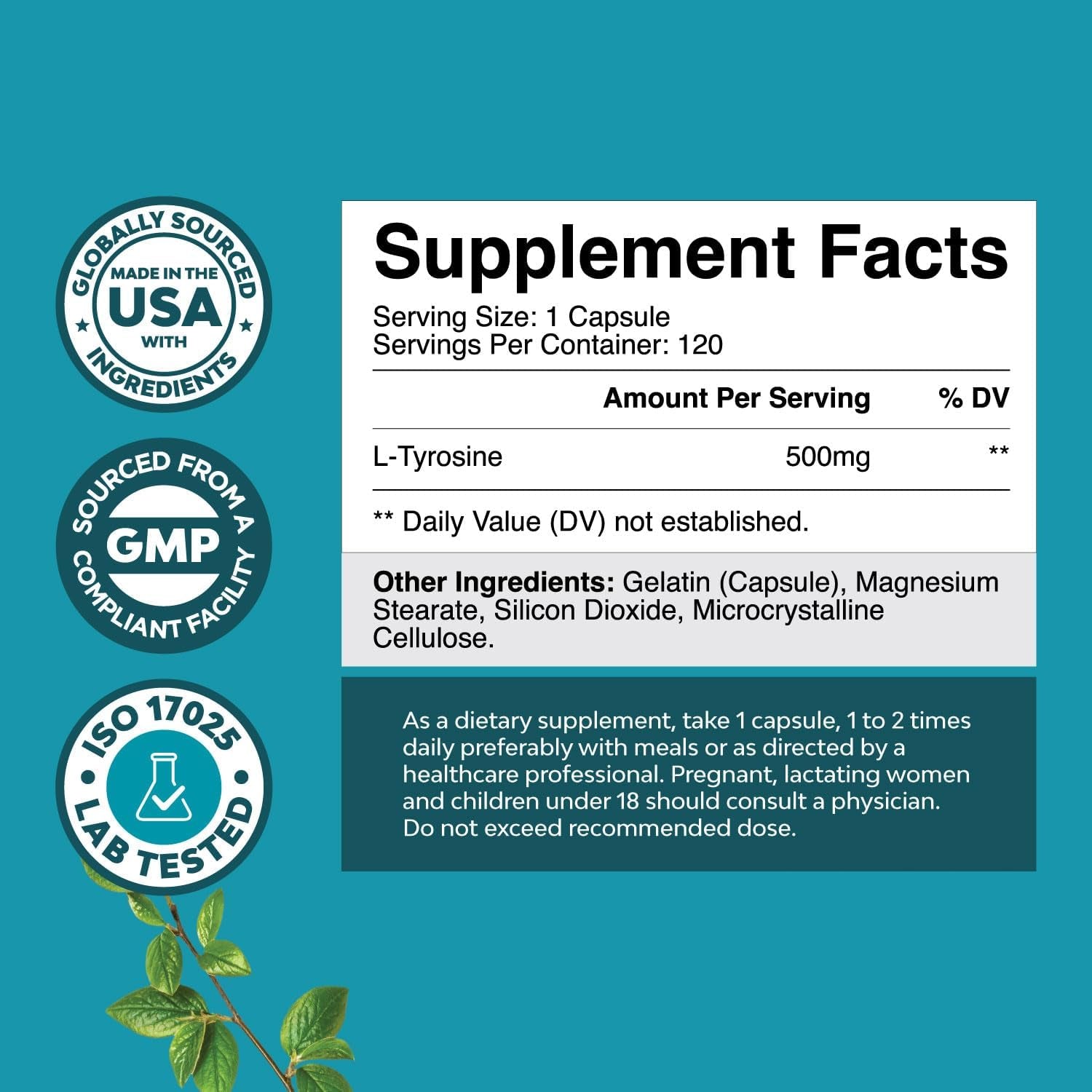 Free Form L Tyrosine 500Mg Capsules - High Strength L-Tyrosine Supplement for Mental Energy and Focus Support - Amino Acid Nootropic Supplement for Mood Focus Attention and Cognitive Performance