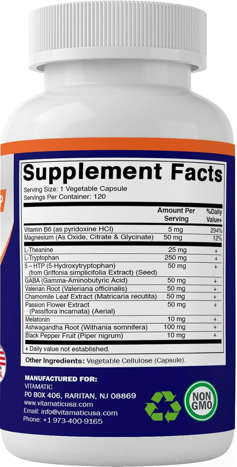Vitamatic Advanced Sleep Aid with Melatonin - 120 Vegetable Capsules Made with B6, Magnesium, L-Theanine, L-Tryptophan, 5-HTP, GABA, Valerian, Chamomile, Passion Flower, Ashwagandha & Black Pepper