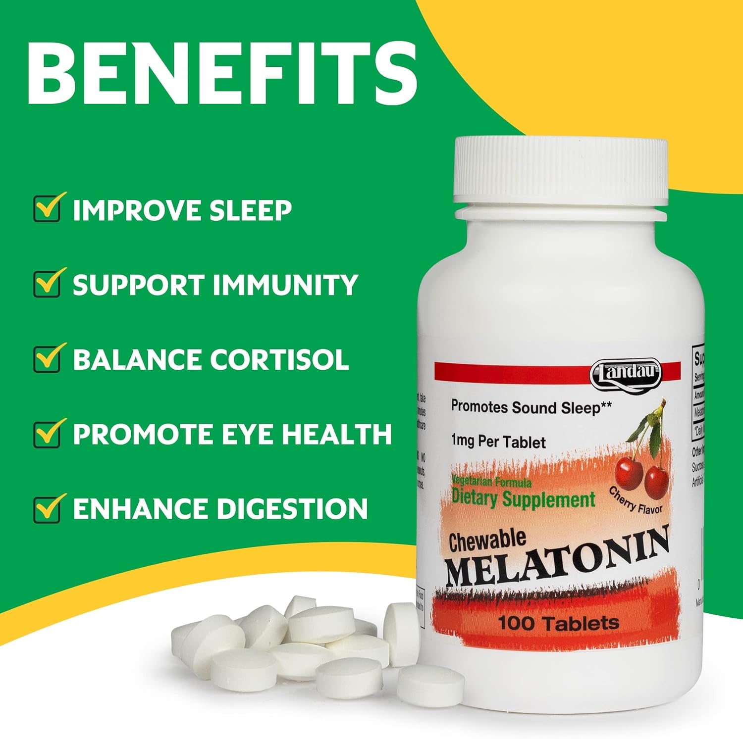 Landau 1Mg Chewable Melatonin – Easy-To-Take Natural Sleep Aid for Men & Women – Our Melatonin Is Kosher & Made in the USA – 100 Tablets, Natural Cherry Flavor