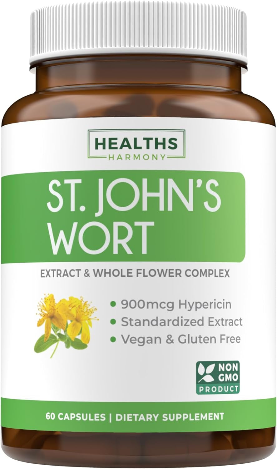 St. John'S Wort - 60 Capsules (Non-Gmo) Effective St Johns Wort Capsules - Powerful 900Mcg Hypericin - Standardized Extract & Whole Herb Supplement - No Oil, Pills, Tea, Tincture - 500Mg per Capsule