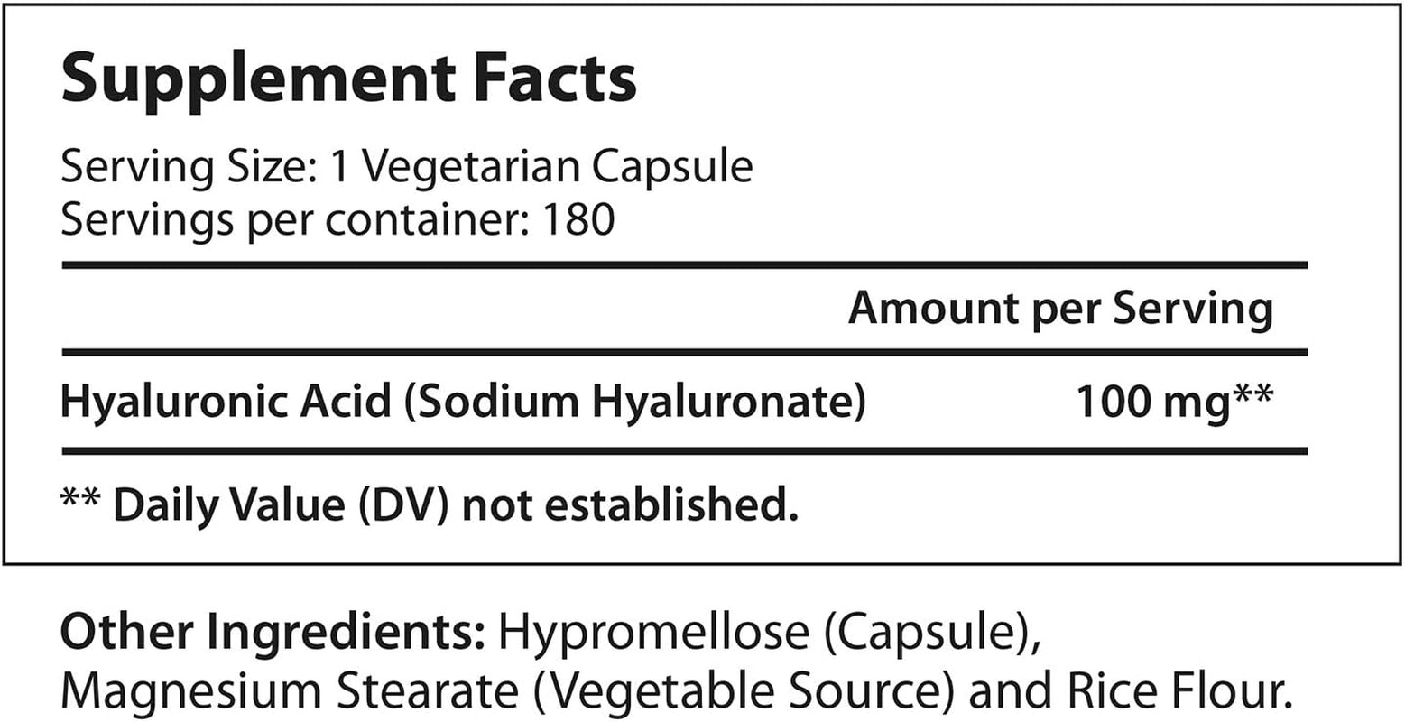 Hyaluronic Harmony: 100Mg HA, 180 Vegetarian Capsules for Optimal Knee & Joint Care, Enhanced Skin Elasticity, and Youthful Glow