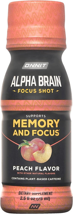 ONNIT Alpha Brain Focus Energy Shot Supplement - Energy, Focus, Mood, Stress, Brain Booster Drink - Peach (2.5 Fl Oz, 6 Ct)