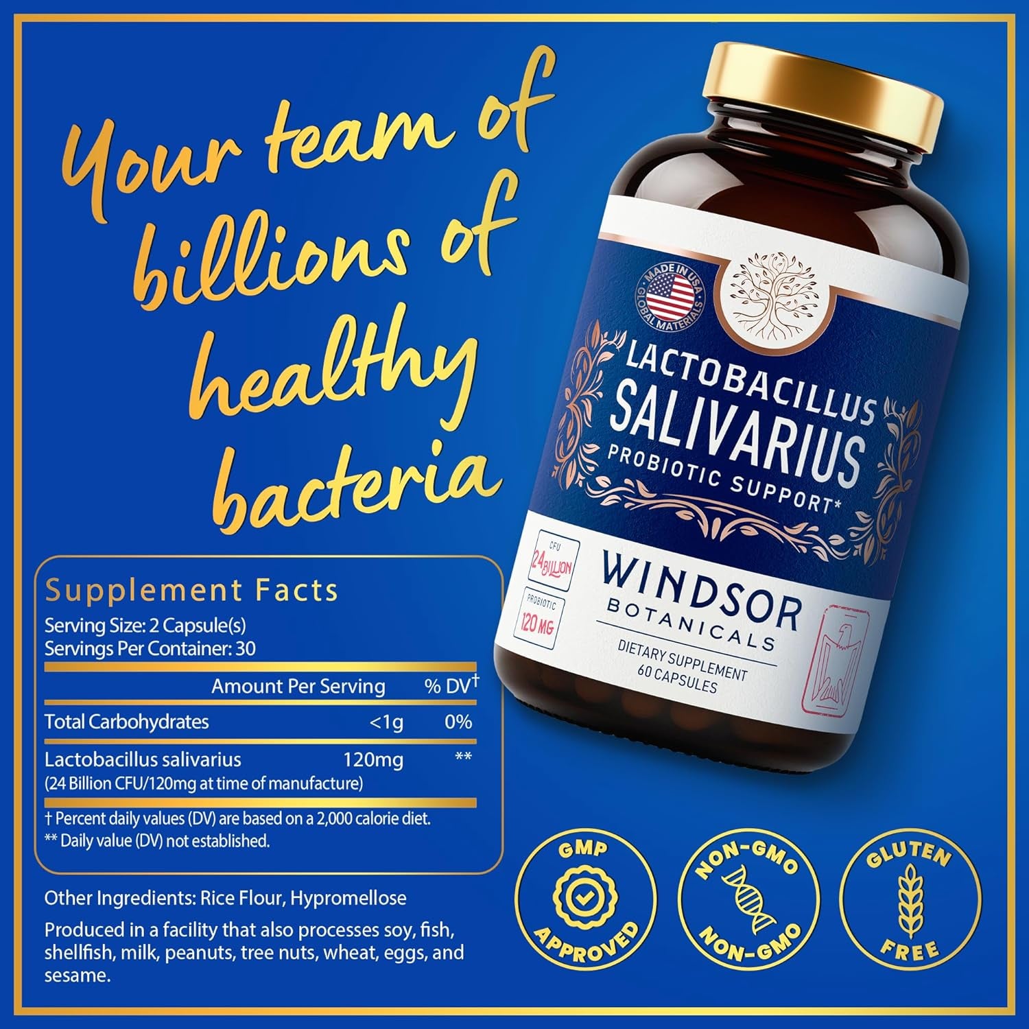 Lactobacillus Salivarius Probiotic Capsules - L Salivarius Probiotic Oral Dental Probiotics for Bad Breath, Teeth and Gums Health - Immune Support, Digestive Probiotic - 24Bn CFU, 60 Caps