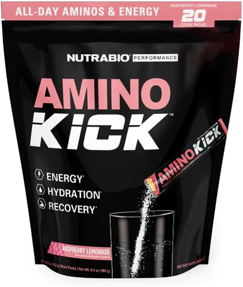 Nutrabio – Amino Kick – All in One Performance Formula Energy, Hydration, Recovery 20 Servings, (Raspberry Lemonade) – 6G Amino Acids – Support Muscle 