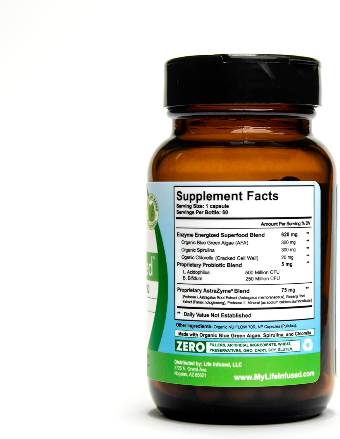 Life Infused Algae Infused - Premium Green Superfood Blend, Spirulina, Chlorella, Probiotics & Enzyme for More Energy, Digestion, Detox & Immune Support: 60 Caps