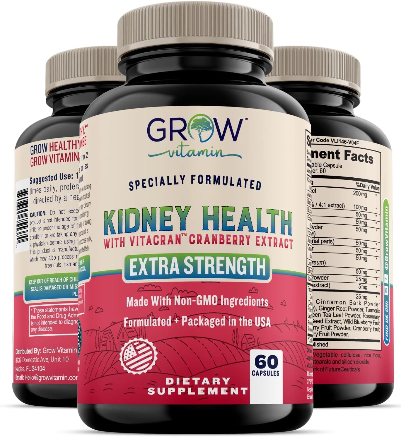Grow Vitamin Premium Kidney Cleanse Supplement – Powerful Kidney Support Formula with Cranberry Extract Helps Support Healthy Kidneys & Urinary Tract Support– 60 Vegetarian Capsules