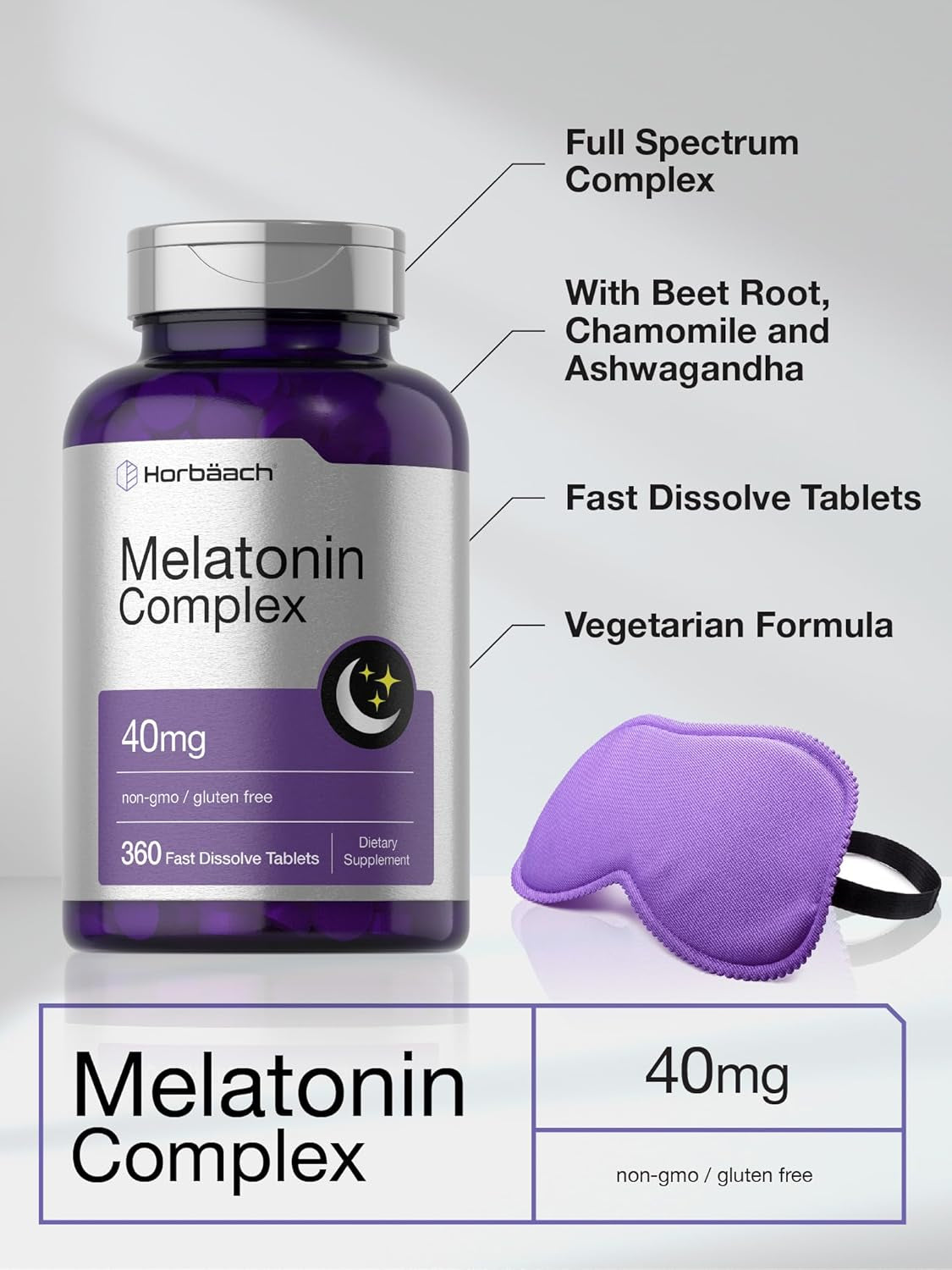 Horbäach Melatonin 40Mg Complex | 360 Fast Dissolve Tablets | Adult Extra Strength Supplement | with Chamomile and Ashwagandha | Vegetarian, Non-Gmo, Gluten Free
