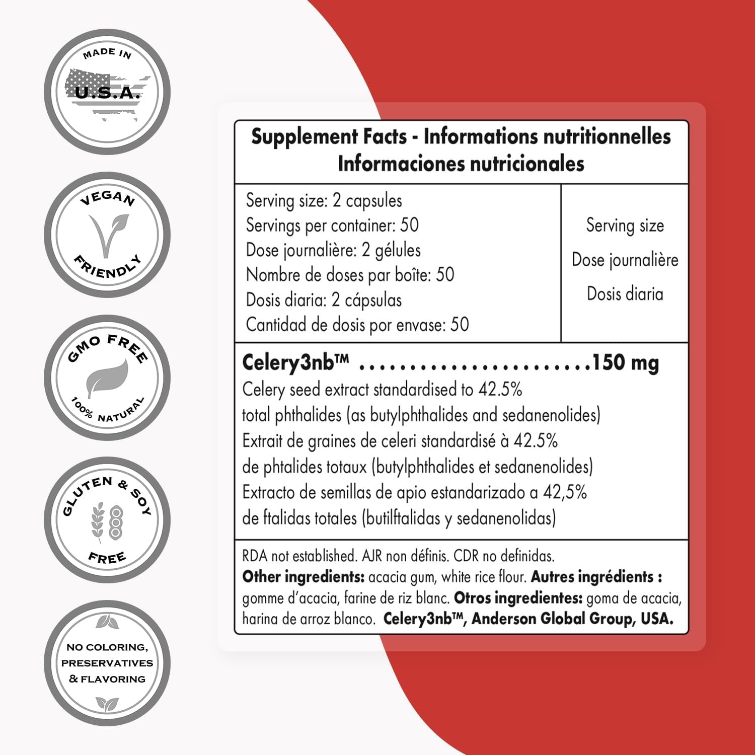 Supersmart - Celery3Nb 150Mg per Day (Patented) - Natural Celery Seed Extract Supplement - Well-Tolerated Phthalides | Non-Gmo & Gluten Free - 100 Vegetarian Capsules
