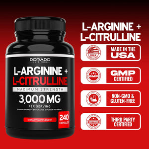 L Arginine L Citrulline Supplement 3000Mg (240 Capsules) Nitric Oxide Pills for Men - Stamina, Endurance, Performance for Workouts - NO Supplements for Men - Gluten Free, Non-Gmo, Vegan Capsules