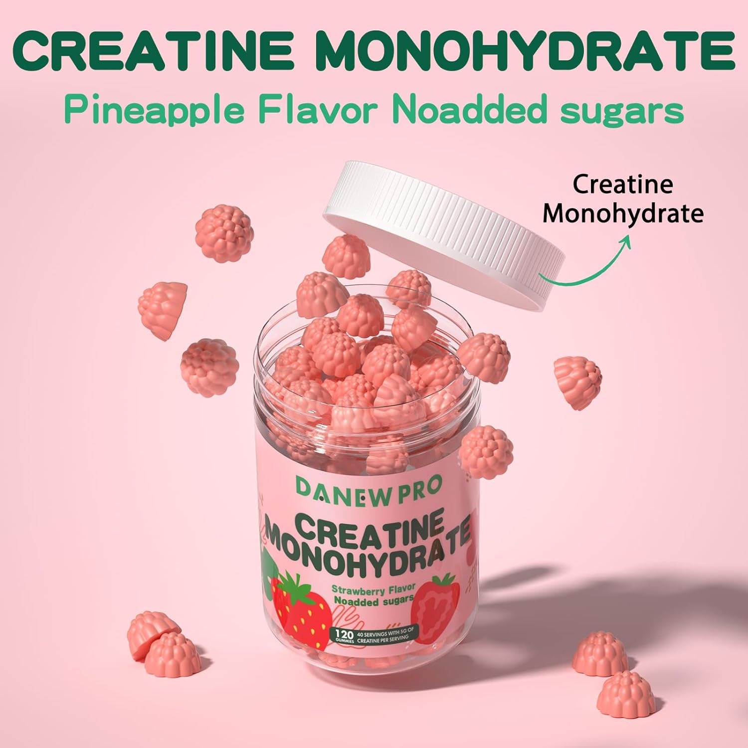 Creatine Monohydrate Gummies 5000Mg for Men & Women, Creatine Monohydrate for Muscle Strength, Muscle Builder, Energy Boost, Pre-Workout Supplement(120 Count)-Strawberry Flavor