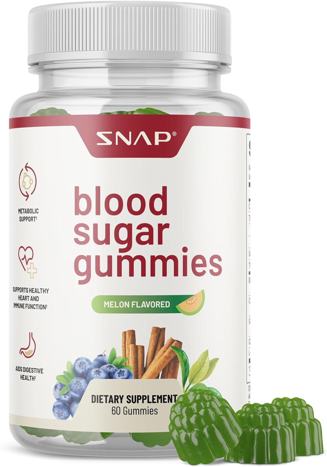 Snap Supplements Blood Sugar Gummies, Support Already Healthy Blood Sugar Levels, Cinnamon Bark and Blueberry Fruit Extract, Natural Melon Flavor, 60 Gummies