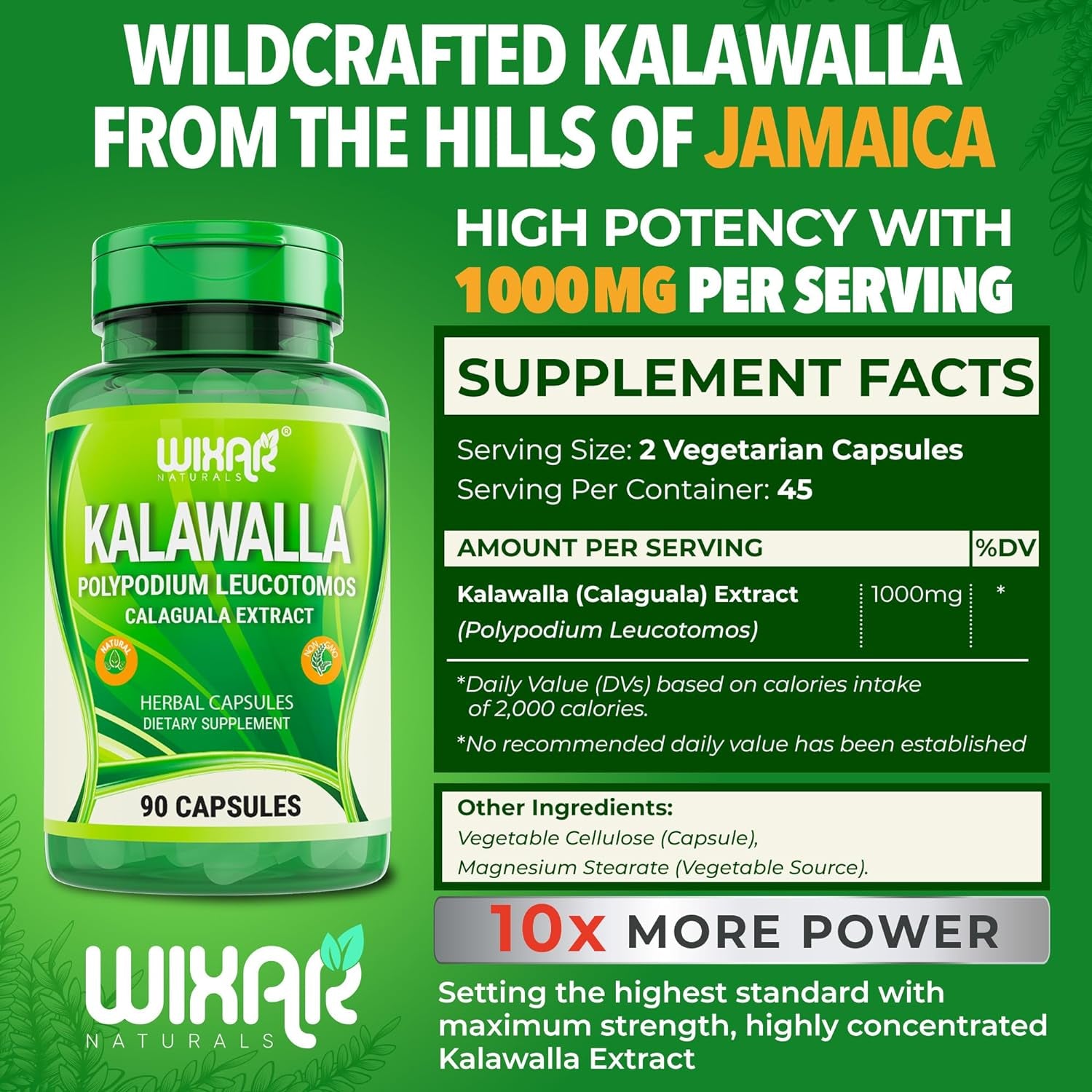 Wixar Kalawalla Capsules – Kalawalla Root & Fern Leaves – Calaguala Extract Herb with Polypodium Leucotomos Pills - Vegetarian Immune, Skin, Alkaline Support Supplements for Men & Women – 90 Capsules