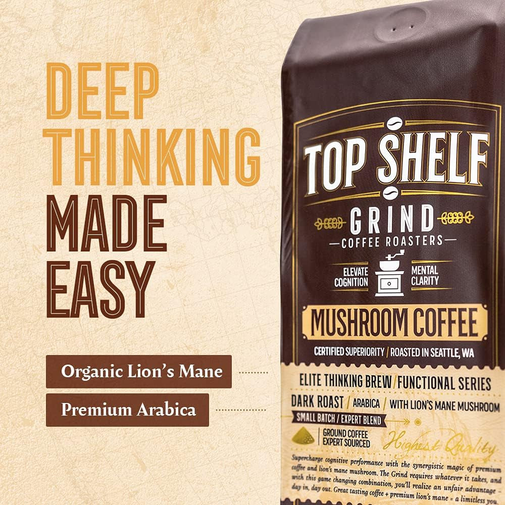 Mushroom Coffee – Ground Dark Roast Organic Lions Mane Coffee for Super Human Focus, Memory & Concentration – High Caffeine Arabica Brain Booster – Strong Nootropic Energy for Peak Performance