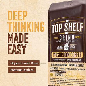 Mushroom Coffee – Ground Dark Roast Organic Lions Mane Coffee for Super Human Focus, Memory & Concentration – High Caffeine Arabica Brain Booster – Strong Nootropic Energy for Peak Performance