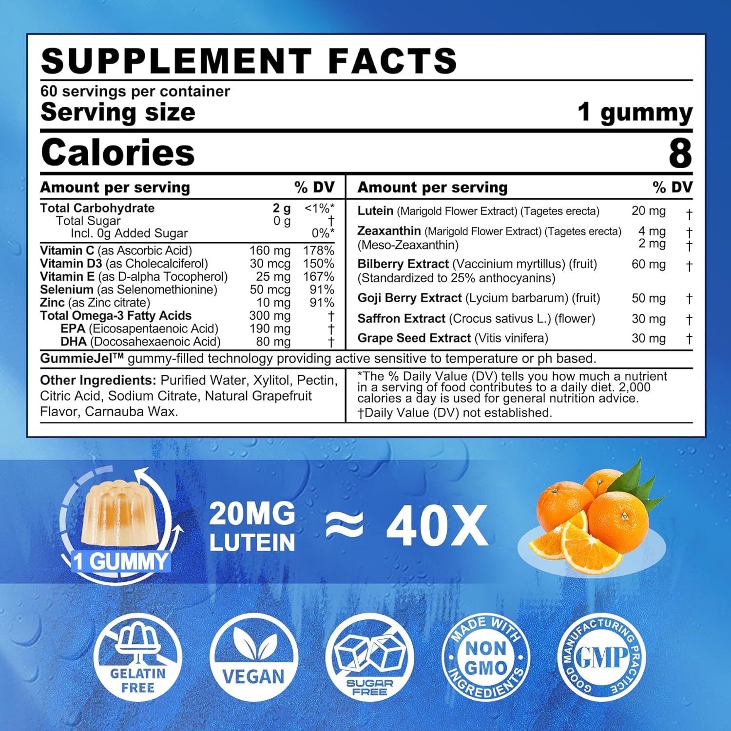 Sugar Free Lutein 20Mg Zeaxanthin Eye Vitamins Filled Gummies with EPA 190Mg & DHA 80Mg + 2 PACK Multivitamin Gummies with Glucosamine Chondroitin MSM for Flexibility & Immune Support, for Men & Women