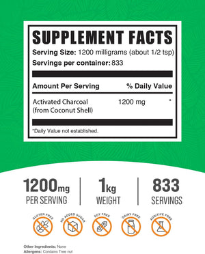 Bulksupplements.Com Activated Charcoal Powder - Coconut Charcoal, Charcoal Powder for Teeth Whitening - Activated Charcoal Odor Absorber, Vegan & Gluten Free - 1200Mg per Serving, 500G (1.1 Lbs)