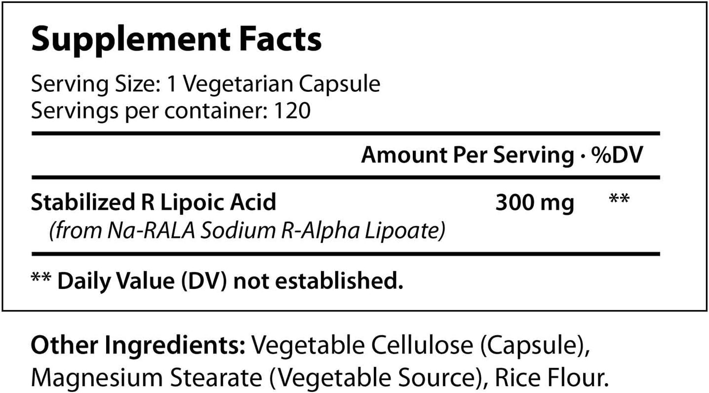 R-Alpha Lipoic Acid 300Mg Stabilized 120 Vegetarian Capsules | Na R-ALA Supplement | Pure Powder Active | Non GMO Gluten & Free