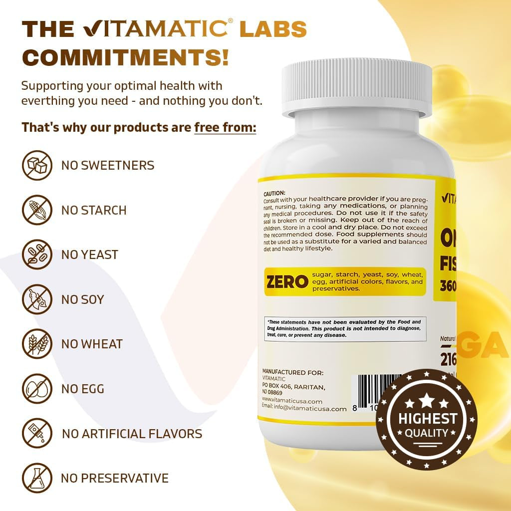 Vitamatic Triple Strength Omega 3 Fish Oil 3600Mg per Serving, 2160Mg Omega 3 Fatty Acids, 1296Mg EPA + 864Mg DHA, Burpless Lemon Flavor, 180 Softgels