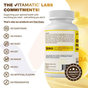 Vitamatic Triple Strength Omega 3 Fish Oil 3600Mg per Serving, 2160Mg Omega 3 Fatty Acids, 1296Mg EPA + 864Mg DHA, Burpless Lemon Flavor, 180 Softgels