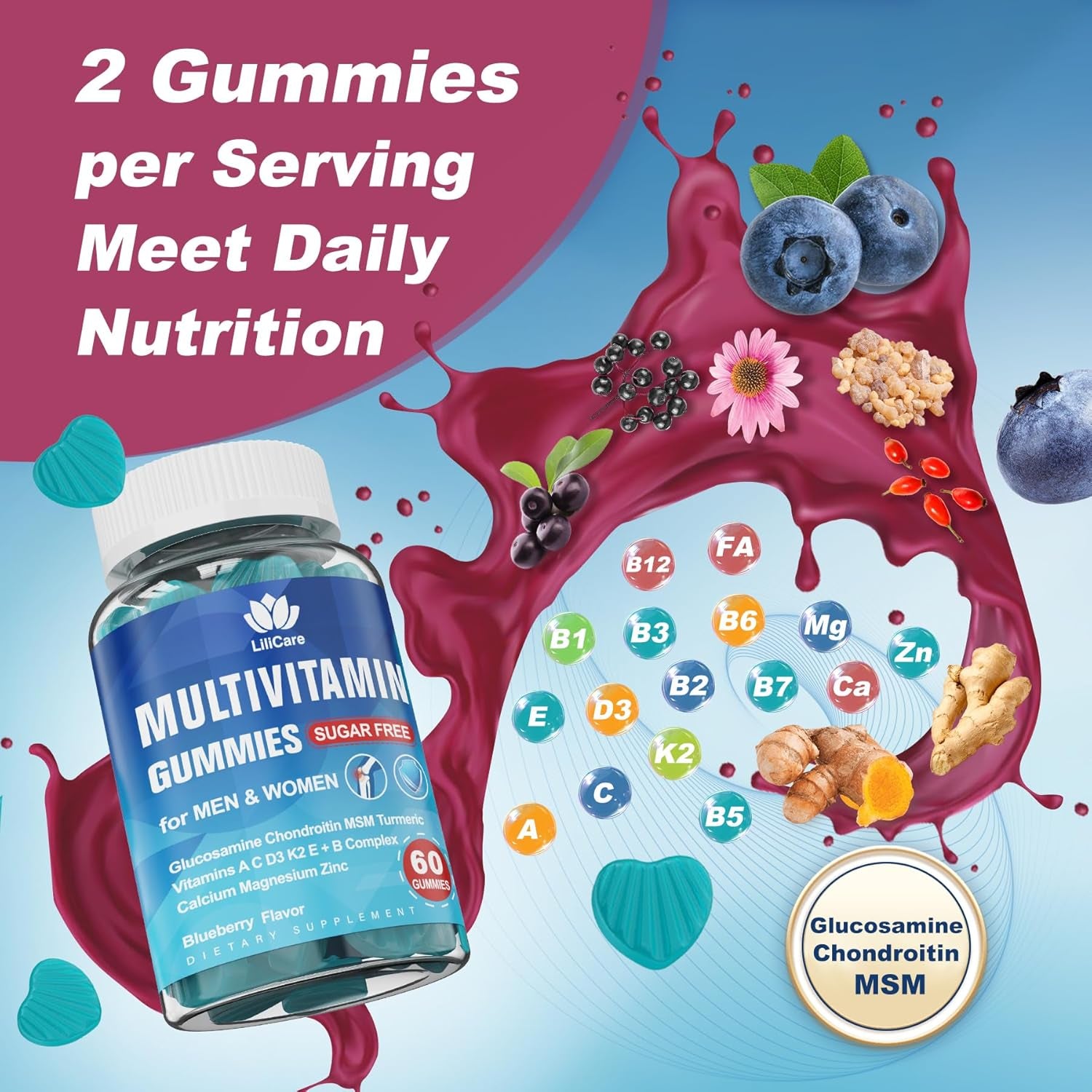 Sugar Free Lutein 20Mg Zeaxanthin Eye Vitamins Filled Gummies with EPA 190Mg & DHA 80Mg + 2 PACK Multivitamin Gummies with Glucosamine Chondroitin MSM for Flexibility & Immune Support, for Men & Women