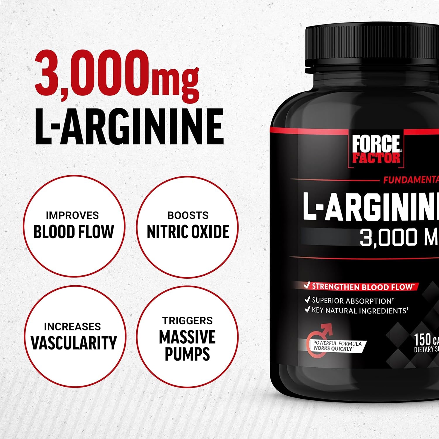 L-Arginine Nitric Oxide Supplement with Bioperine to Help Build Muscle and Support Stronger Blood Flow, Circulation, Nutrient Delivery, and Pumps, L-Arginine 3000Mg, 3G, 150 Capsules