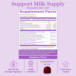 Lactation Supplement Gummies - Support Breast Milk Supply with Milk Thistle, Alfalfa, Vitamin D, and B12, Postpartum Recovery, Breastfeeding Essentials - Raspberry, 40 Count 