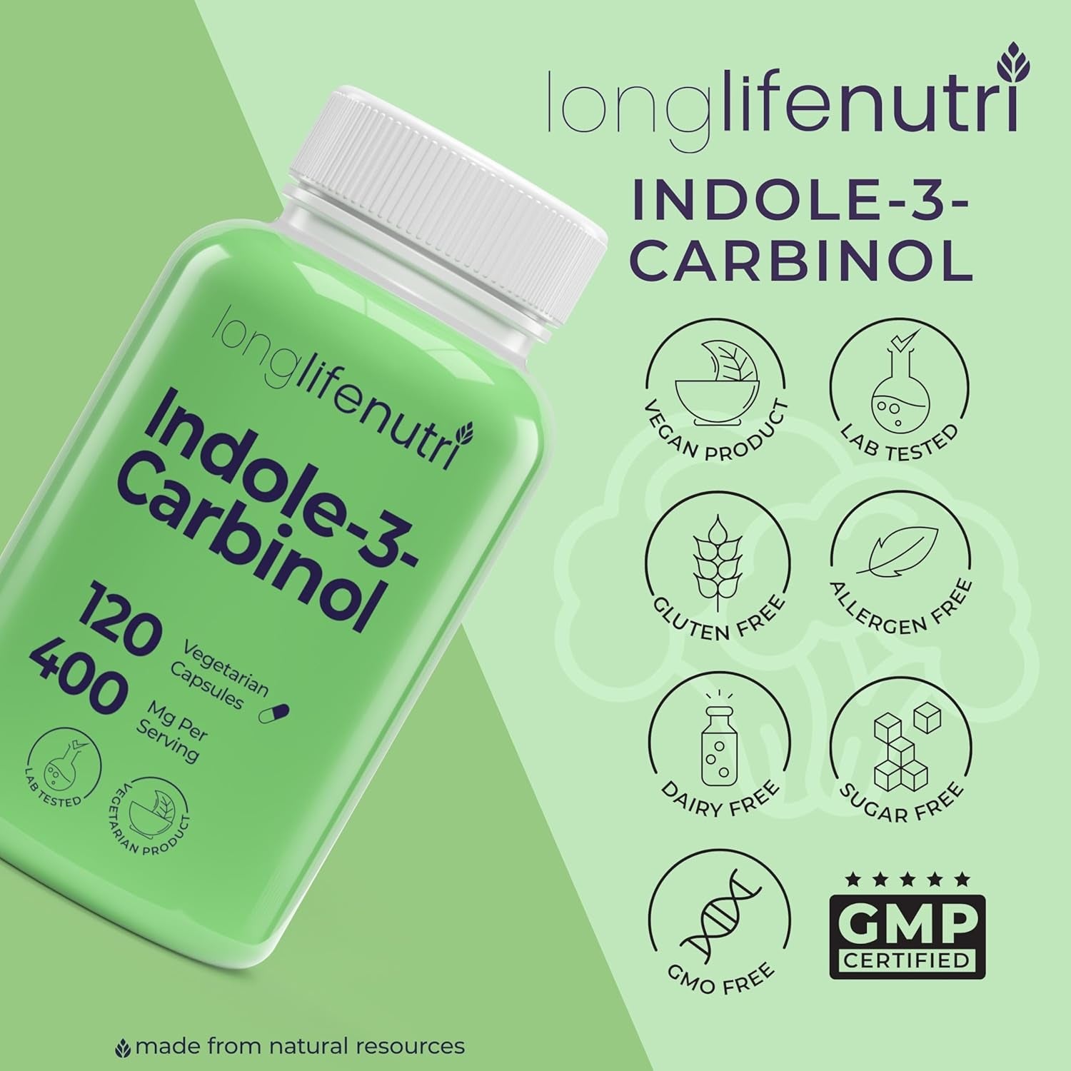 Indole-3-Carbinol 400Mg - 120 Vegeterian Capsules, 4-Month Supply - Organic Supplement for Hormone Balance & Cellular Health - Lab Tested, Made in USA