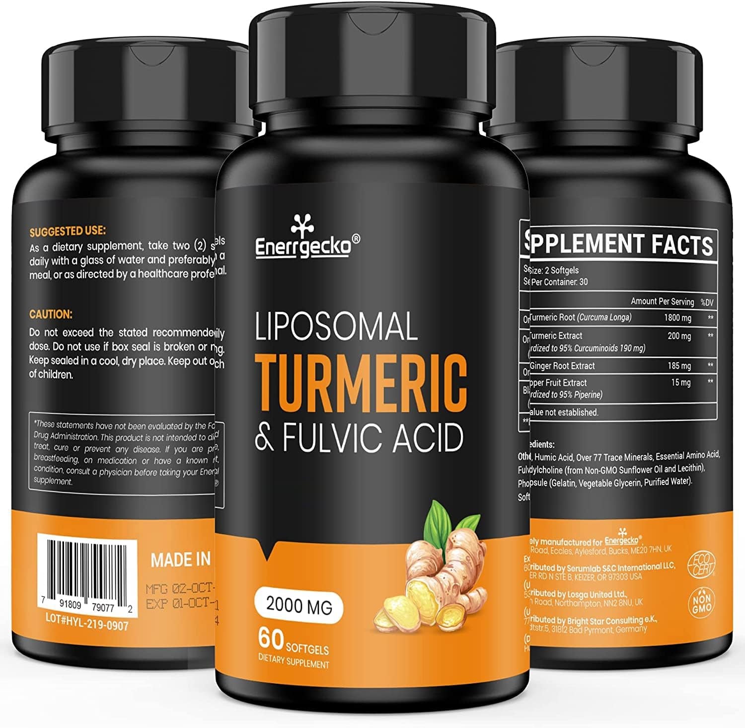2000 Mg Liposomal Turmeric Curcumin with Black Pepper & Ginger for Superior Absorption with Fulvic Acid and Humic Acid (60 Count (Pack of 1))