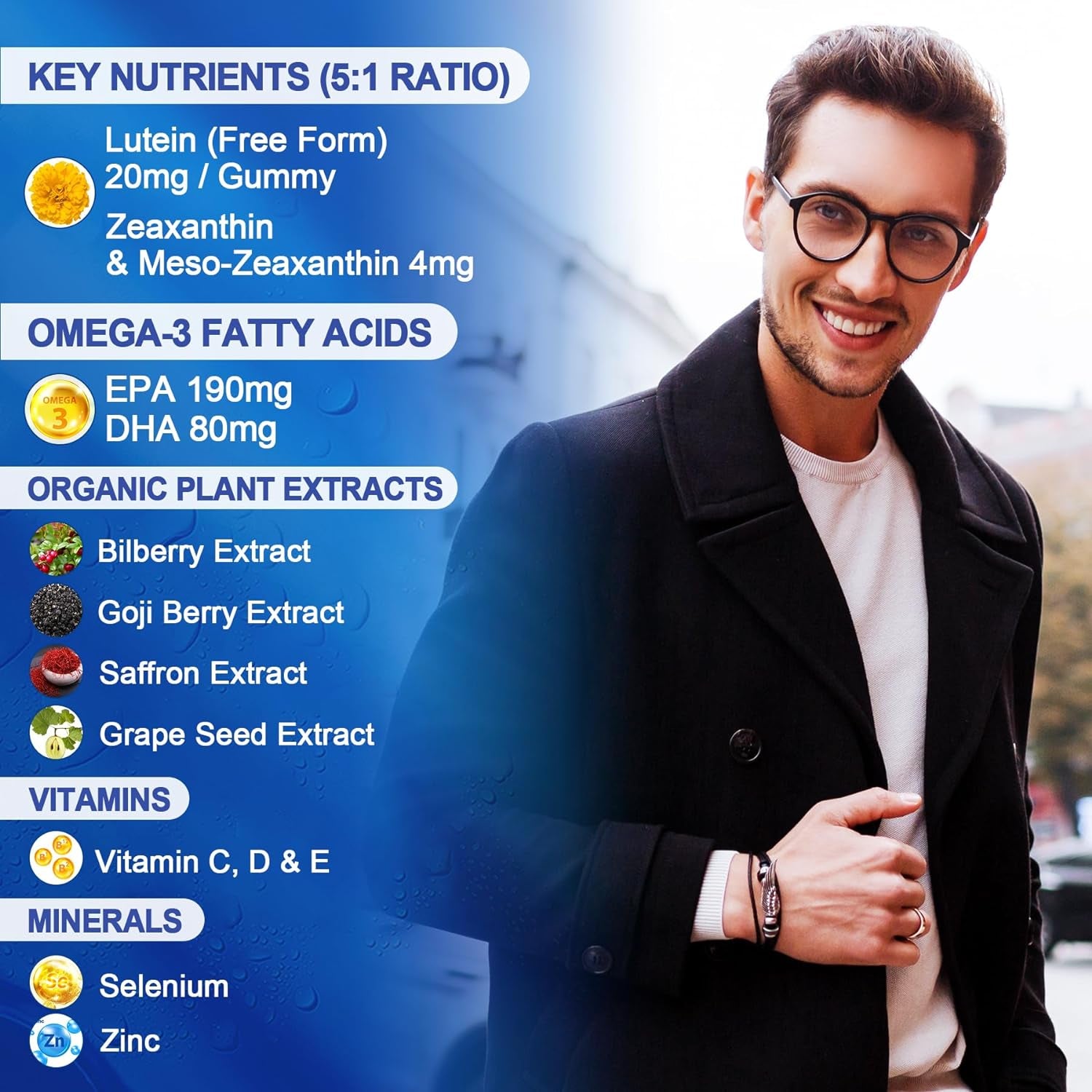 Sugar Free Lutein 20Mg Zeaxanthin Eye Vitamins Filled Gummies with EPA 190Mg & DHA 80Mg + 2 PACK Multivitamin Gummies with Glucosamine Chondroitin MSM for Flexibility & Immune Support, for Men & Women