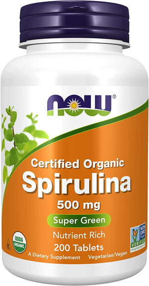 NOW Supplements, Organic Spirulina 500 Mg with Vitamins, Minerals and GLA (Gamma-Linolenic Acid), 200 Tablets 