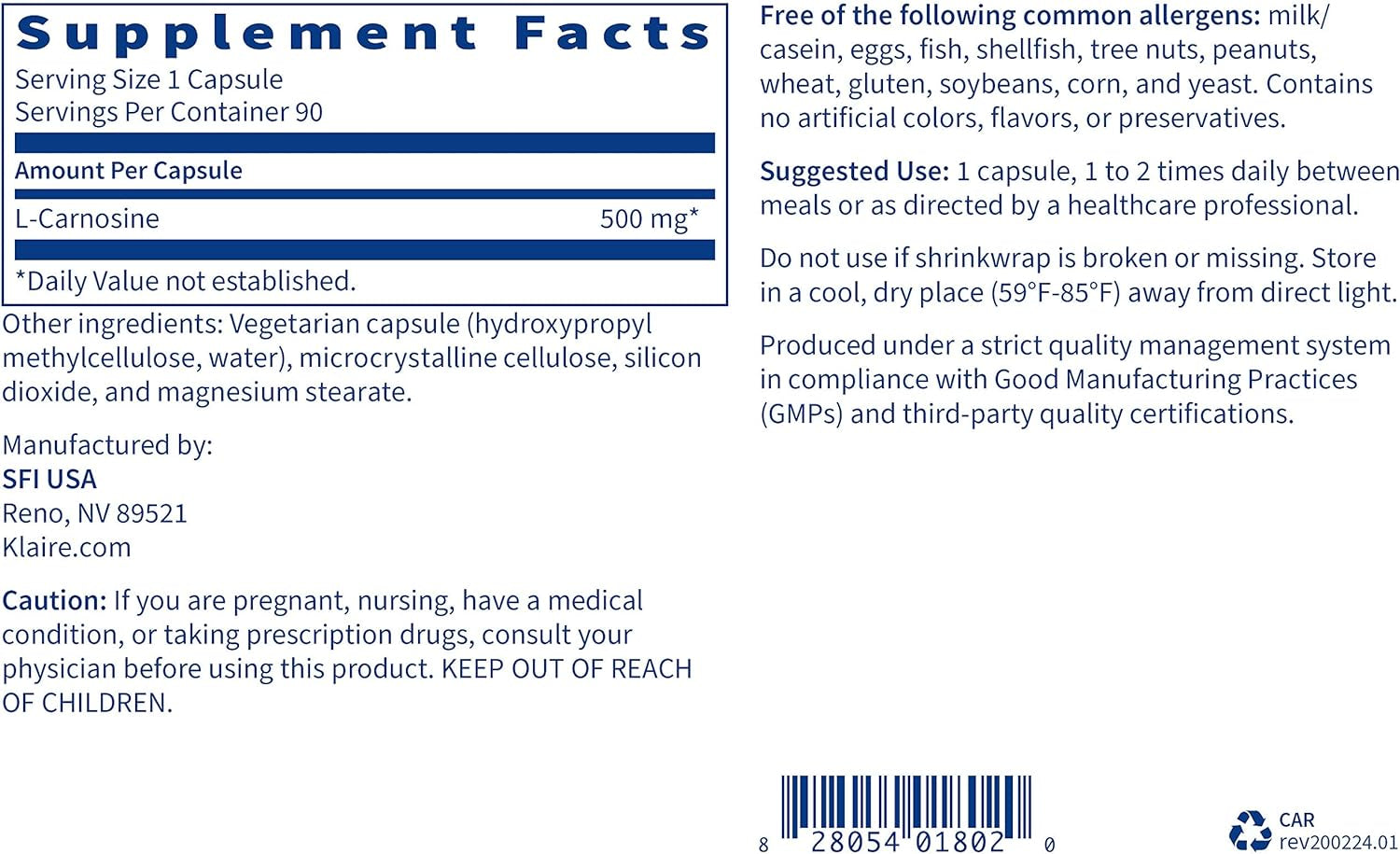 Klaire Labs L-Carnosine 500Mg - Hypoallergenic L-Carnosine Supplement - Antioxidant & Healthy Aging Support - Gluten-Free, Corn-Free, Soy-Free (90 Capsules) 