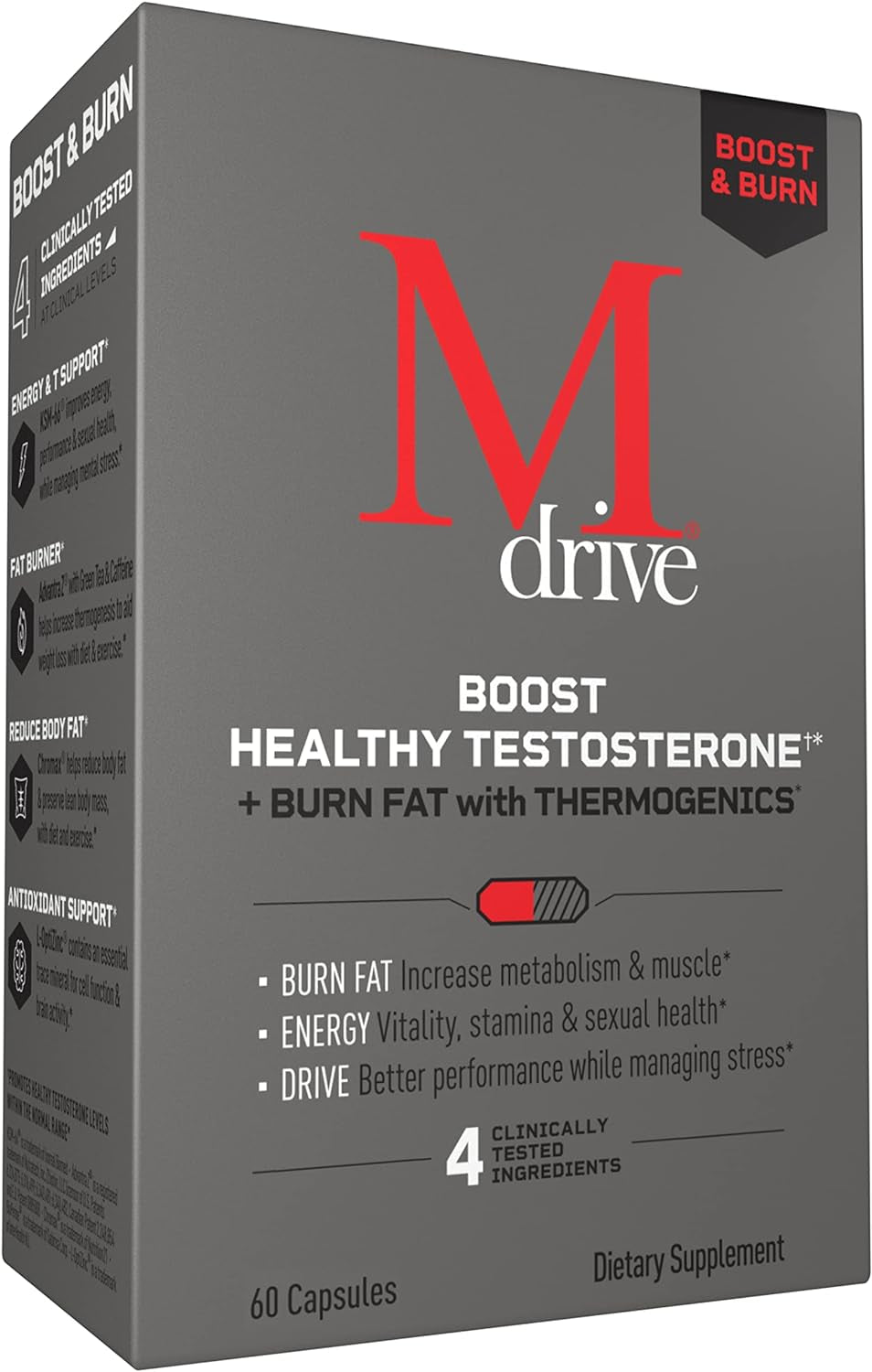 Mdrive Boost and Burn Testosterone Booster and Fat Burner for Men, Energy, Strength, Stress Relief, KSM-66 Ashwagandha, Advantra Z, Chromax, 60 