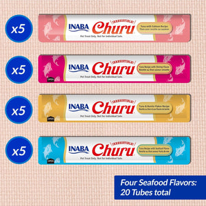 INABA Churu Cat Treats, Grain-Free, Lickable, Squeezable Creamy Purée Cat Treat/Topper with Vitamin E & Taurine, 0.5 Ounces Each Tube, 24 Tubes (4 per Pack), Tuna with Scallop Recipe