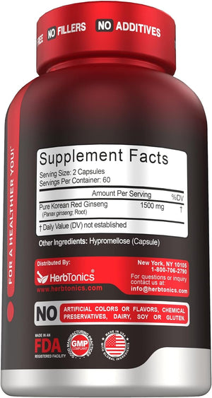 Korean Red Panax Ginseng 1500Mg - High Potency Ginseng for Energy, Performance & Immune Support for Men & Women - Ginseng Root Extract Powder Supplement for Focus and Vitality -120 Capsules 