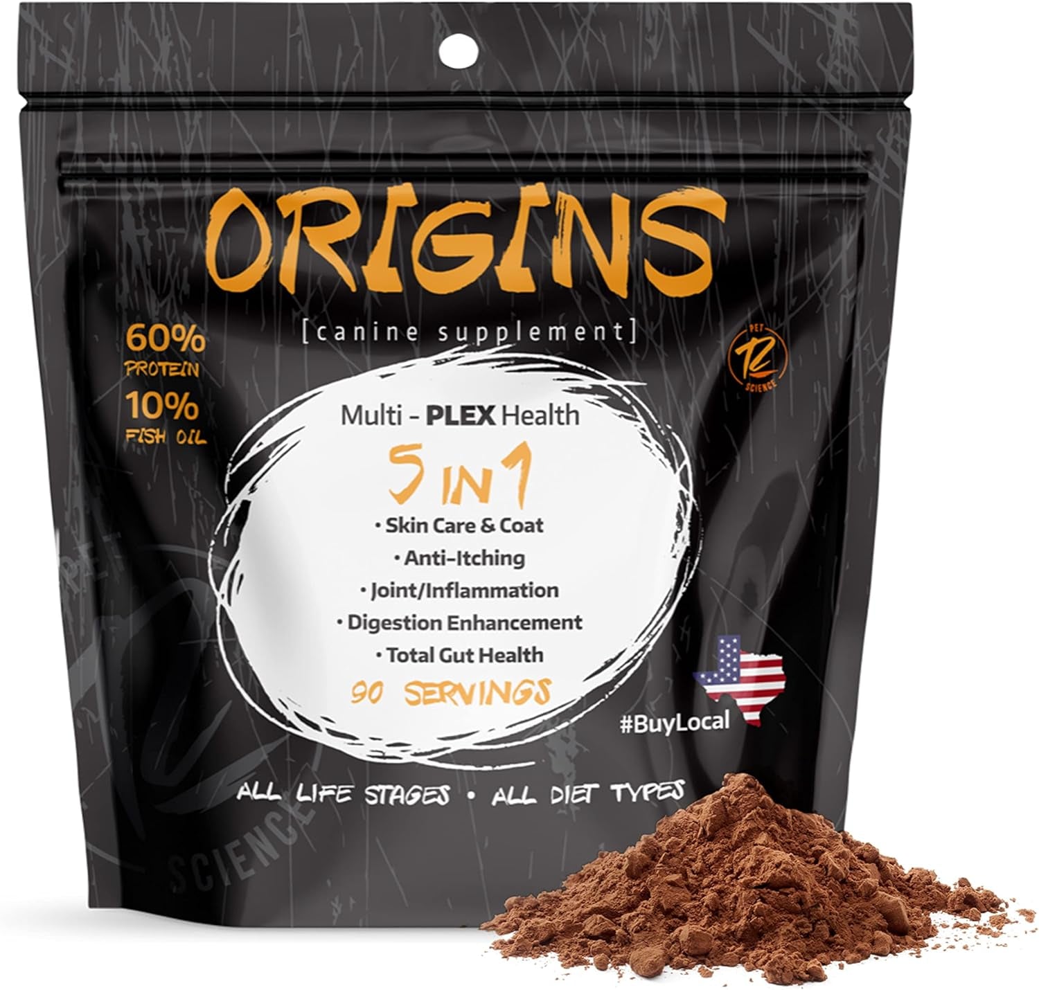 Origins 5-In-1 Dog Supplement - Powdered Food Topper W/Natural Omega 3 Fish Oil - Supports Healthy Digestion, Skin, and Coat - Helps Reduce Itching & Joint Inflammation (2 Lbs)