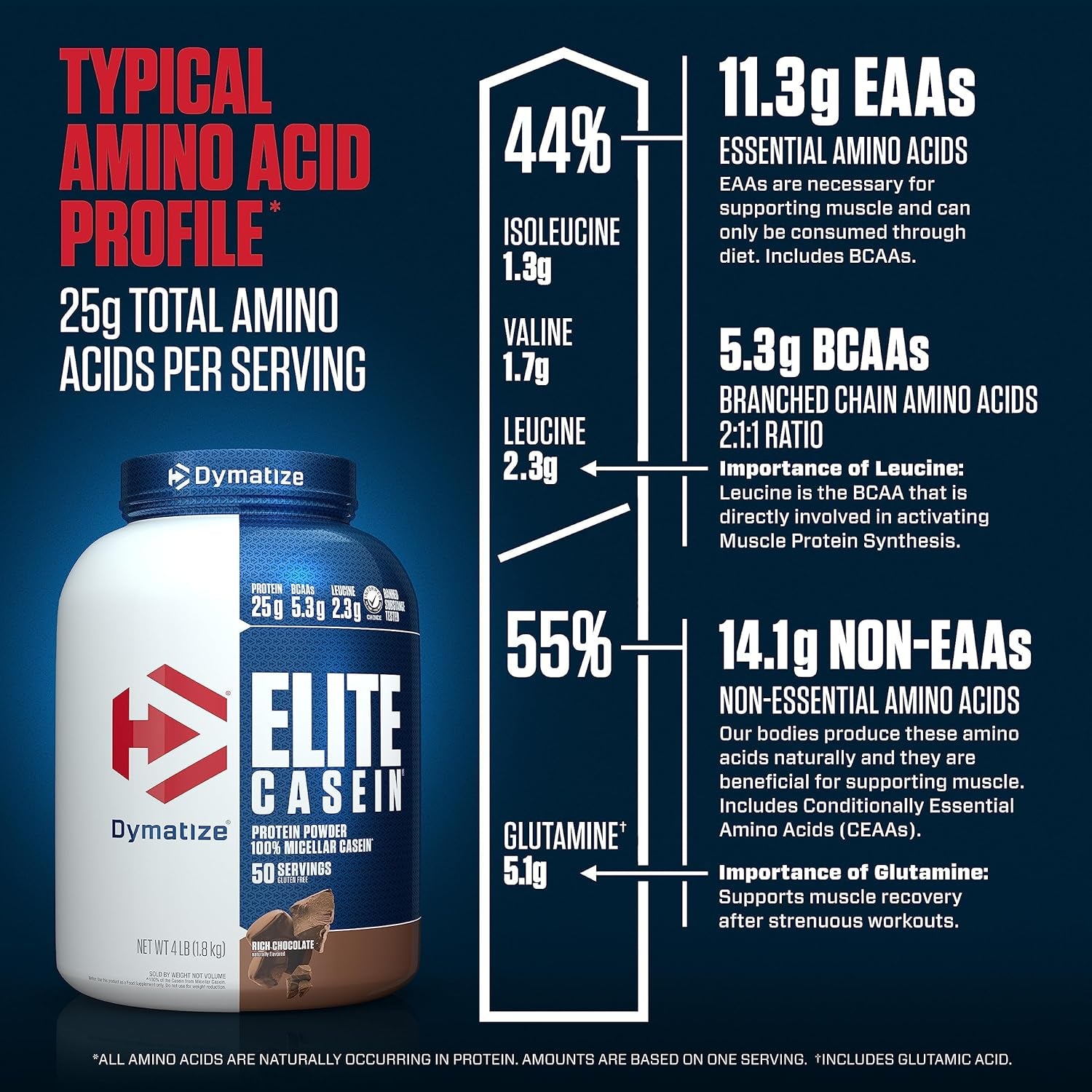 Dymatize Elite Casein Protein Powder, Slow Absorbing with Muscle Building Amino Acids, 100% Micellar Casein, 25G Protein, 5.4G Bcaas & 2.3G Leucine, Helps Overnight Recovery, Rich Chocolate, 2 Pound