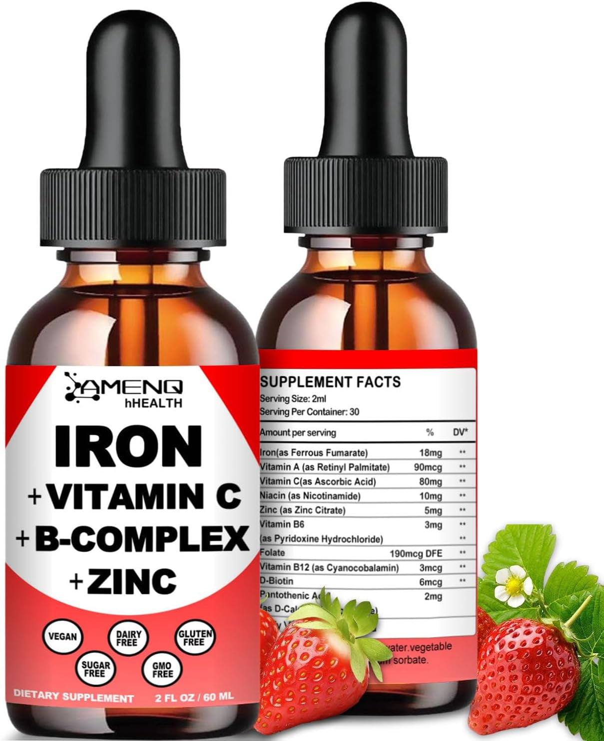 Liquid Iron Supplement W/ Vitamin C, A, B-Complex, Vegan Iron Drops High Potency Liquid Vitamin & Iron Supplements for Women, Men & Children -Support Red Blood Cell, Energy, Anemia & Fatigue