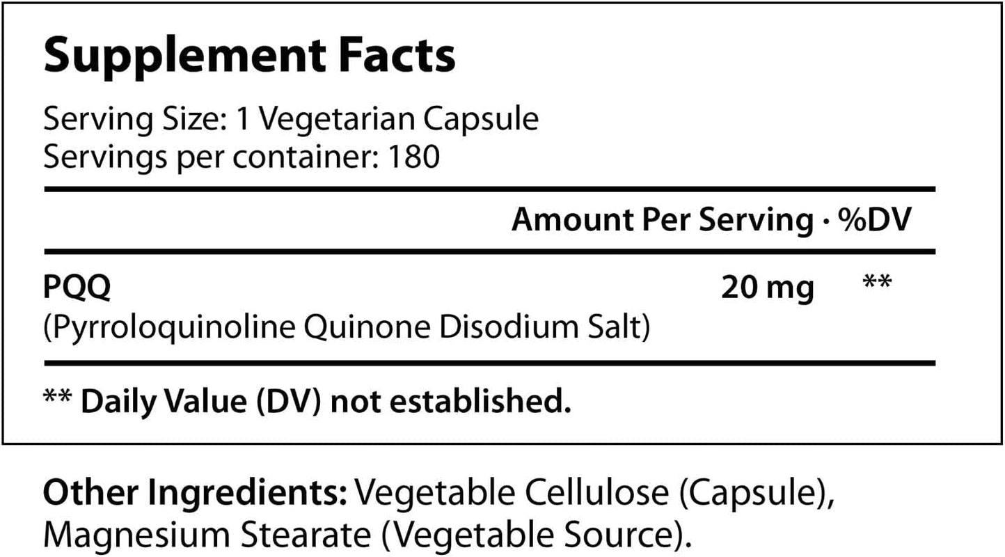 High Purity PQQ Supplement - 180 Caps - PQQ 20Mg - Mitochondrial Supplements - Quinine Capsules - ATP Supplements - Pyrroloquinoline Quinone - Aids Mitochondria Function