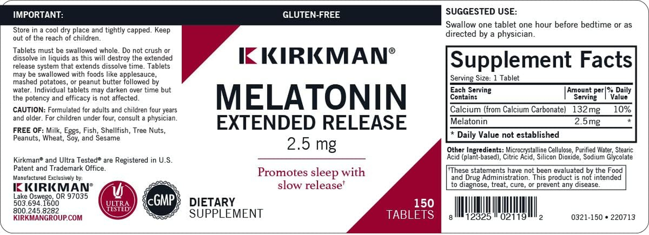 Kirkman – Slo-Release Melatonin -2.5 Mg - 150 Tablets