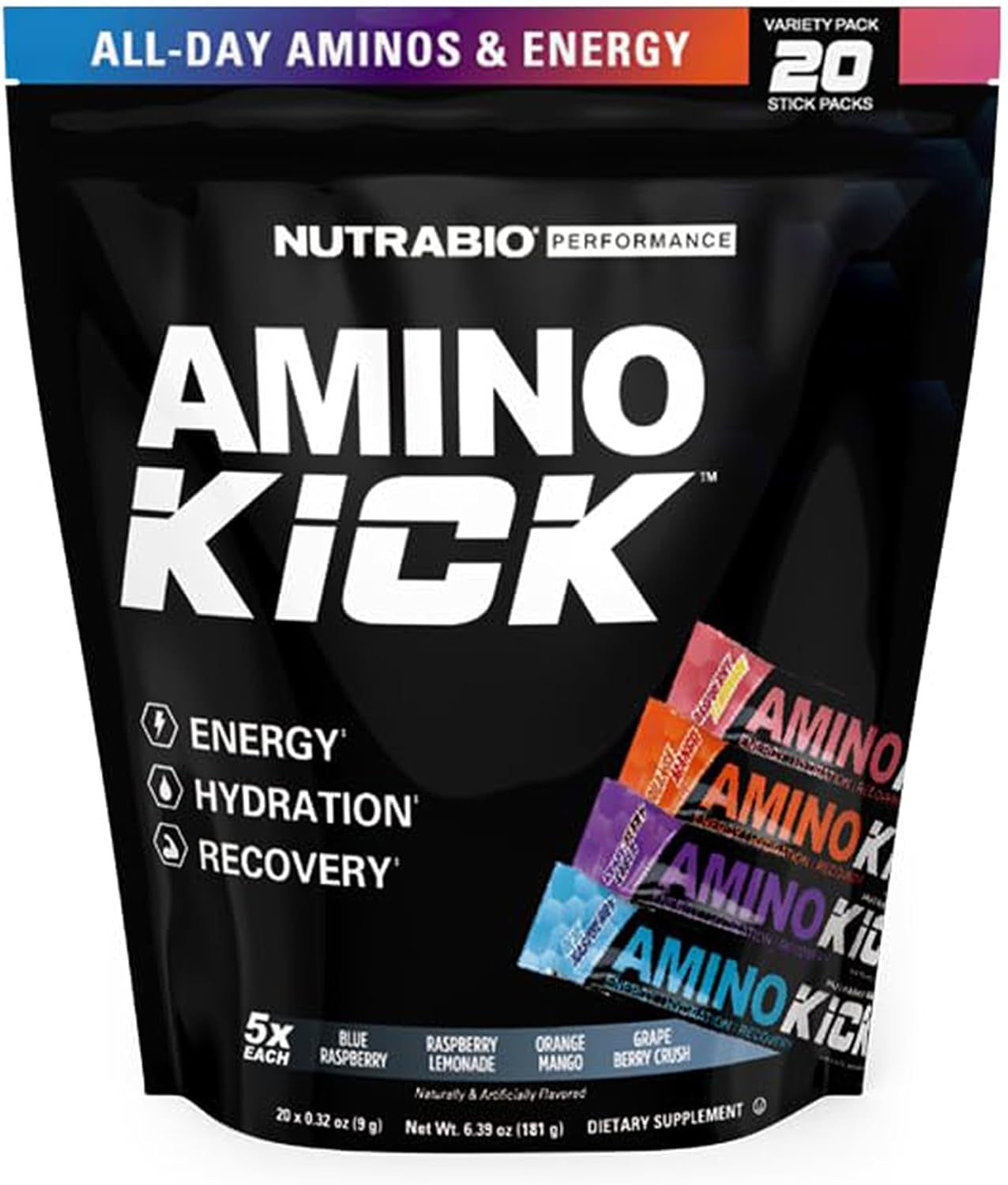 Nutrabio – Amino Kick – All in One Performance Formula Energy, Hydration, Recovery 20 Servings, (Orange Mango) – 6G Amino Acids – Support Muscle