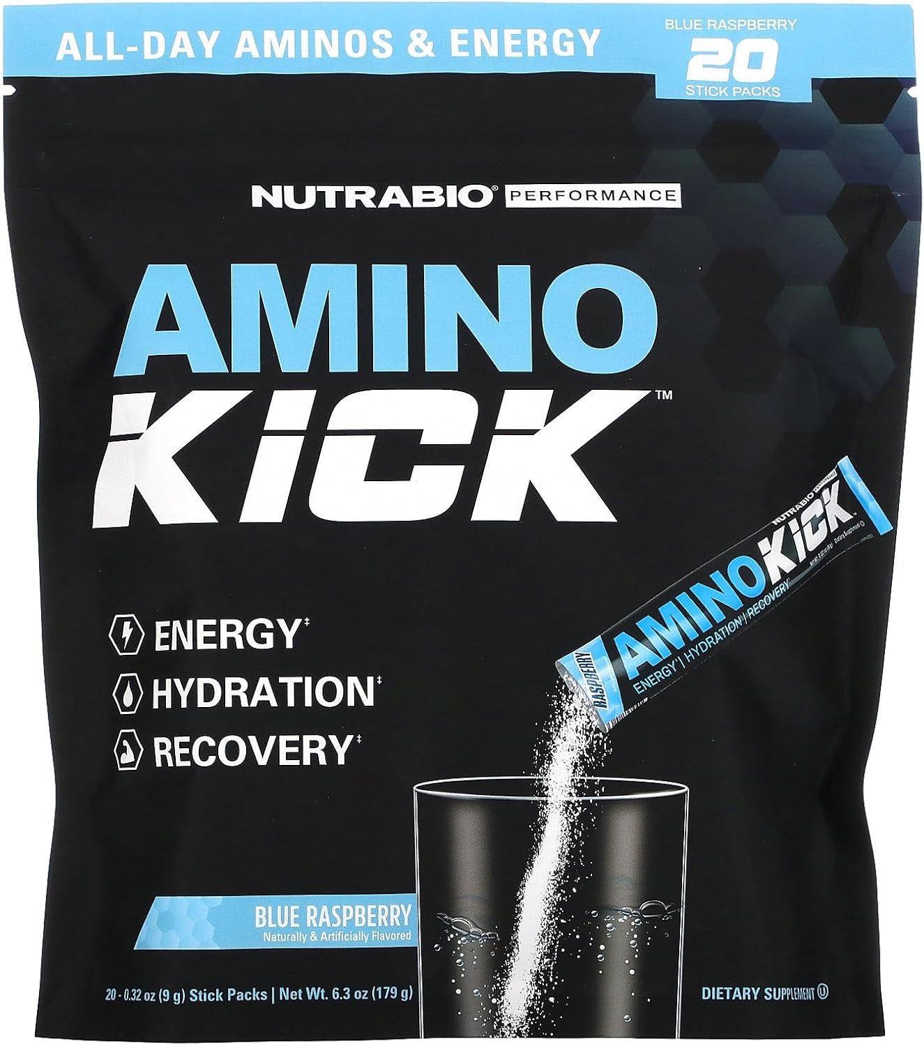 Nutrabio – Amino Kick – All in One Performance Formula Energy, Hydration, Recovery 20 Servings, (Blue Raspberry) – 6G Amino Acids – Support Muscle 