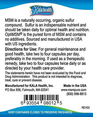 Kala Health Msmpure Vegetarian Capsules, 120 Count, Made with Organic Sulfur Crystals, 99.99% Pure Distilled MSM Supplement, 1,000 Mg per Capsule, Made in USA