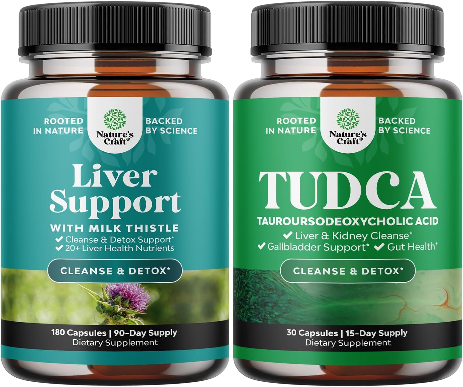 Natures Craft Bundle of Liver Cleanse and Detox & Repair Formula - Herbal Liver Support Supplement and Advanced Bile Salt TUDCA Supplement for Gallbladder Kidney and Liver Support