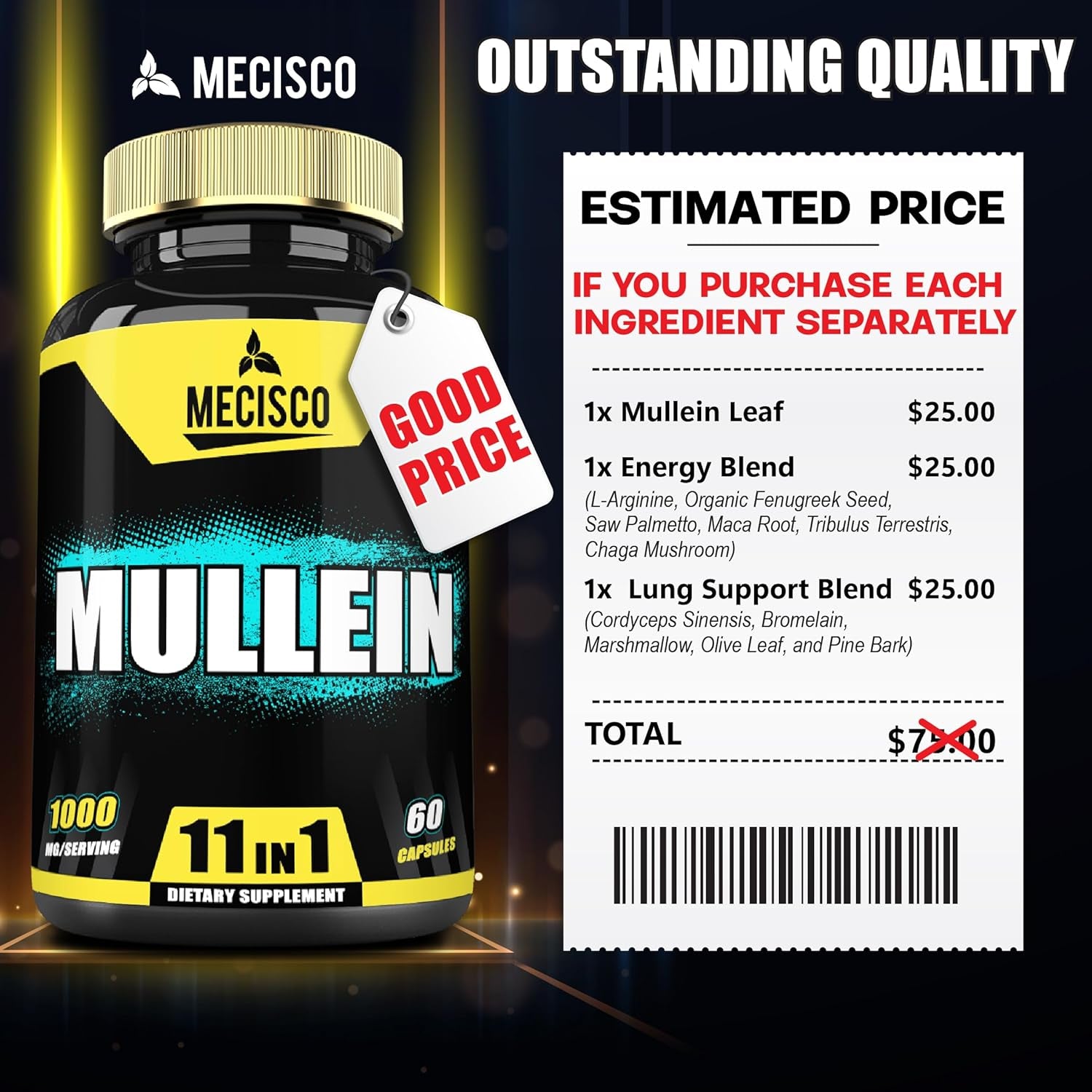 210 Capsules - 11In1 Mullein Leaf Capsules with Panax Ginseng Root, Cordyceps Sinensis & More - Support Respiratory Health, Immune System, Energy Production & Comfortable Mind 