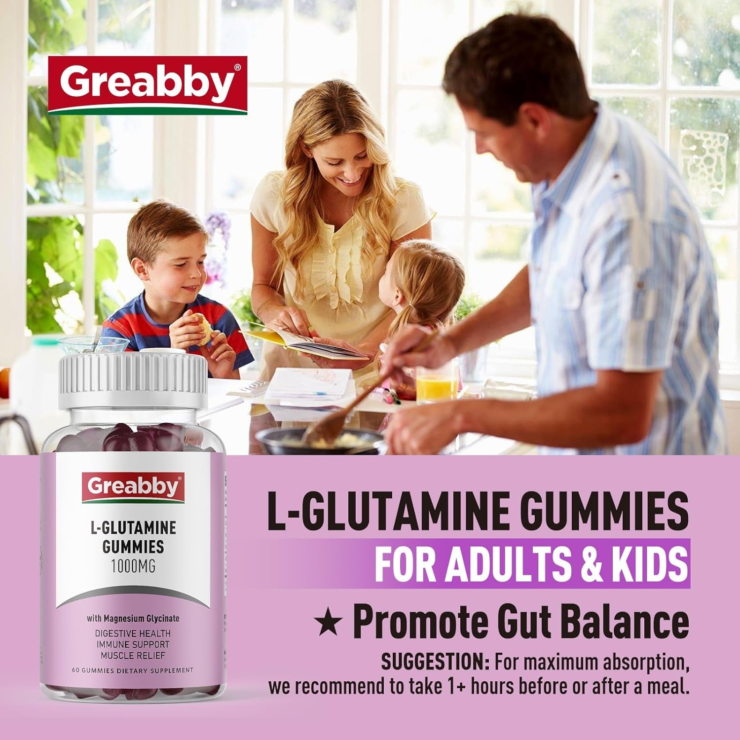 L Glutamine 1000Mg Gummies - Muscle Relief & Immune Support, Amino Acid Supplement with Magnesium Glycinate, Vegan & Non-Gmo, Gluten Free (60 Count)