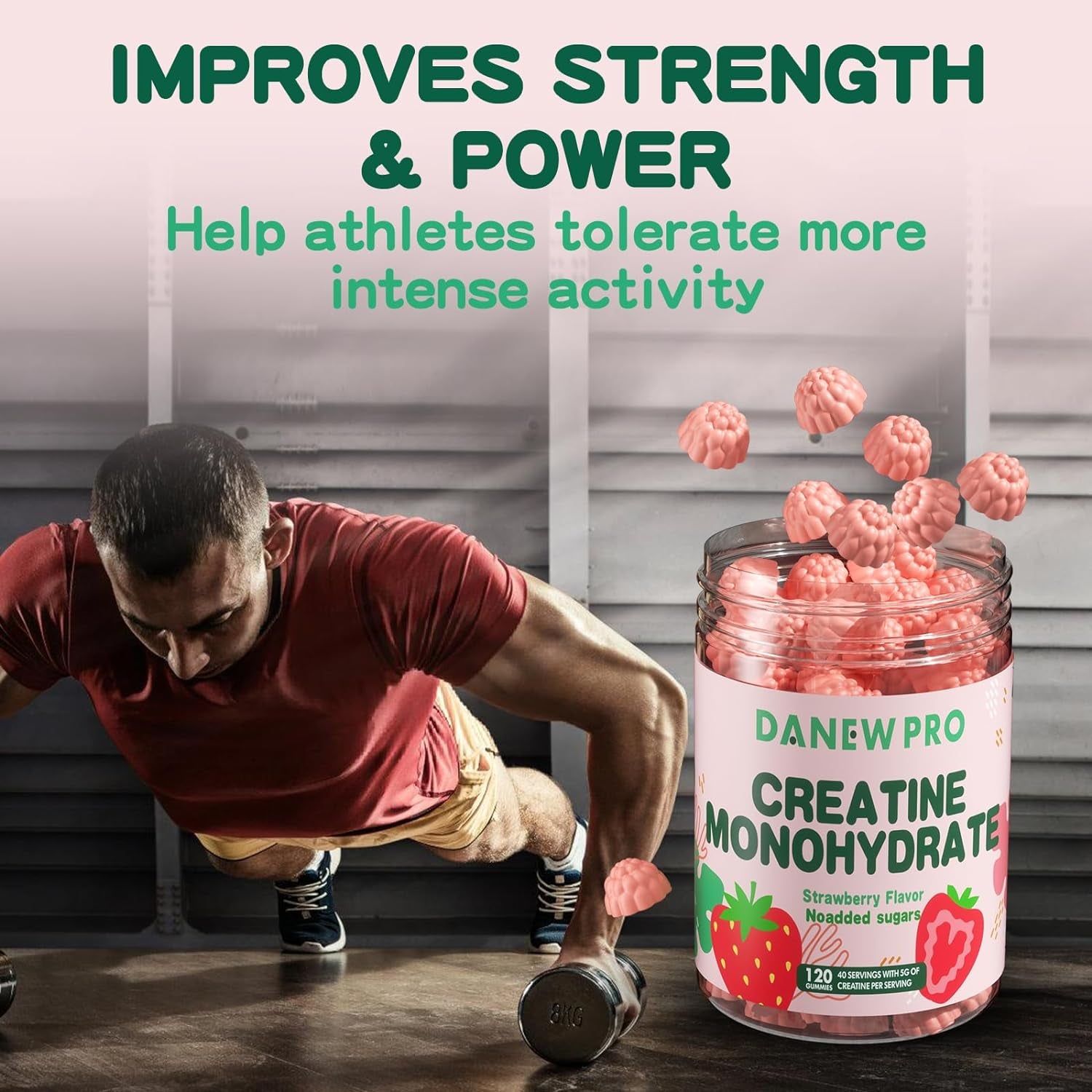 Creatine Monohydrate Gummies 5000Mg for Men & Women, Creatine Monohydrate for Muscle Strength, Muscle Builder, Energy Boost, Pre-Workout Supplement(120 Count)-Strawberry Flavor