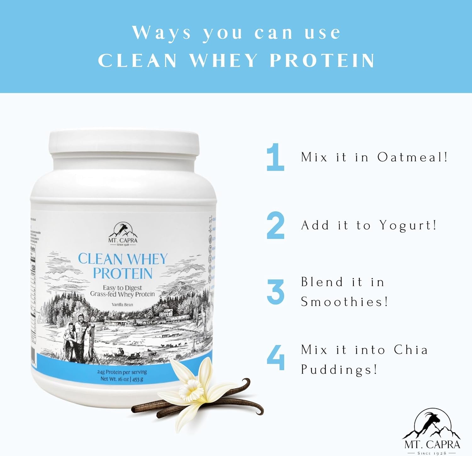 Mt. Capra Goat Whey Protein | Grass-Fed Undenatured Whey Protein Powder from Pastured Goats, High in Branch Chain Amino Acids, Natural Vanilla - 1 Pound 